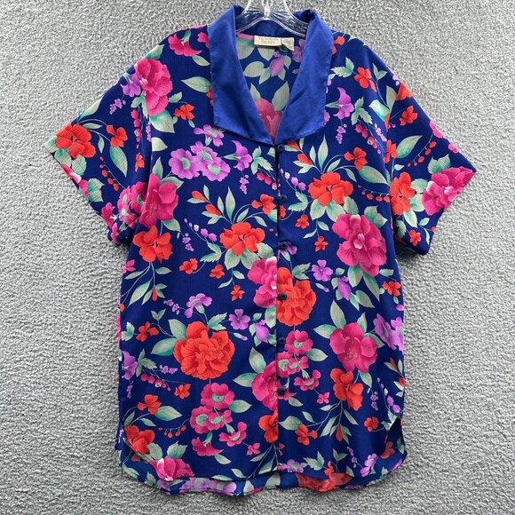 Victorias Secret Womens‎ Pajama Top Small Blue Floral Button Front Gold Label - Picture 1 of 9